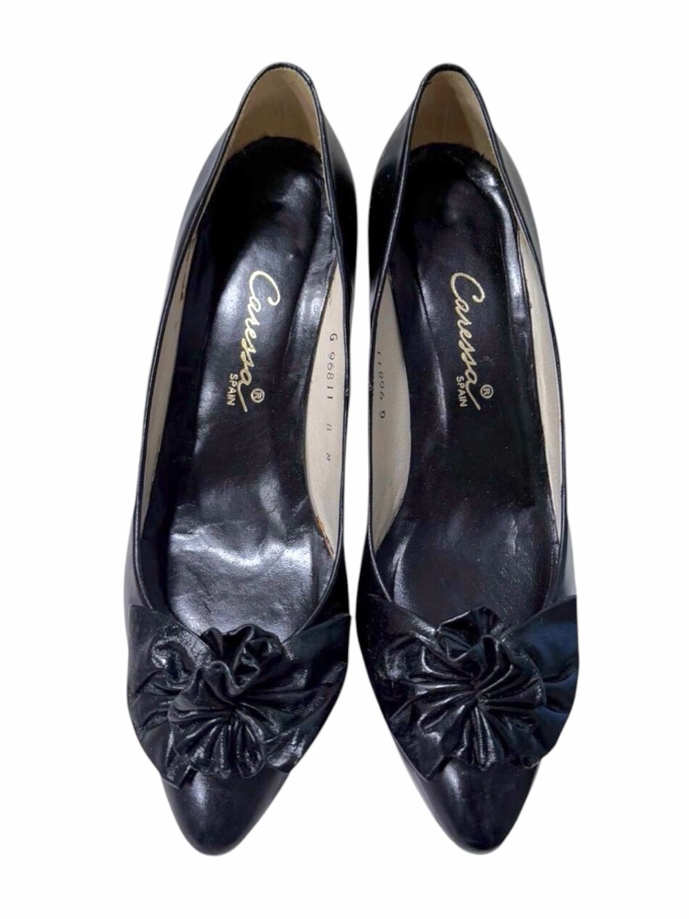 Caressa Spain Black Leather Rosette Pointed Toe Pumps Heels Women’s 8 M Vintage